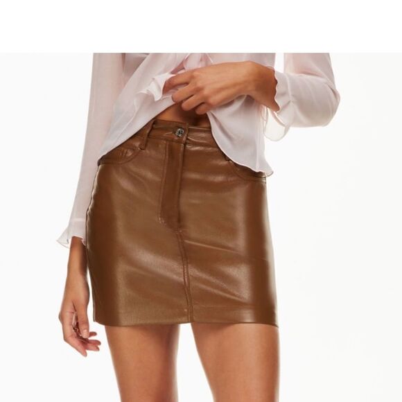 Wilfred Aritzia Chemistry Skirt Brown Faux Leather Stretchy Mini skirt sz 2 - Picture 1 of 10
